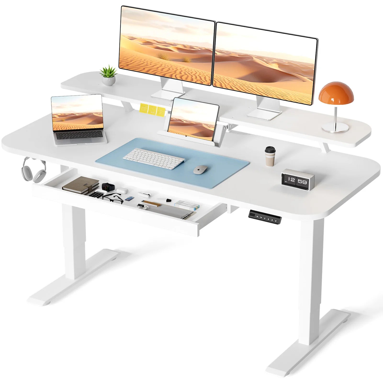 Electric Standing Desk with Drawers, Home Office Computer Desk