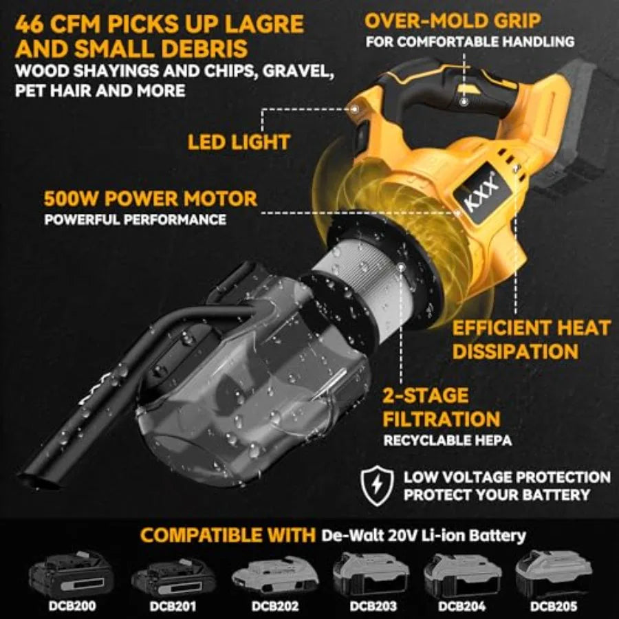 Cordless Vacuum for Dewalt 20V Battery 5 in 1 Handheld Electric Vacuum Cleaner with 500W Powerful Motor 46 CFM Portable Hand Va