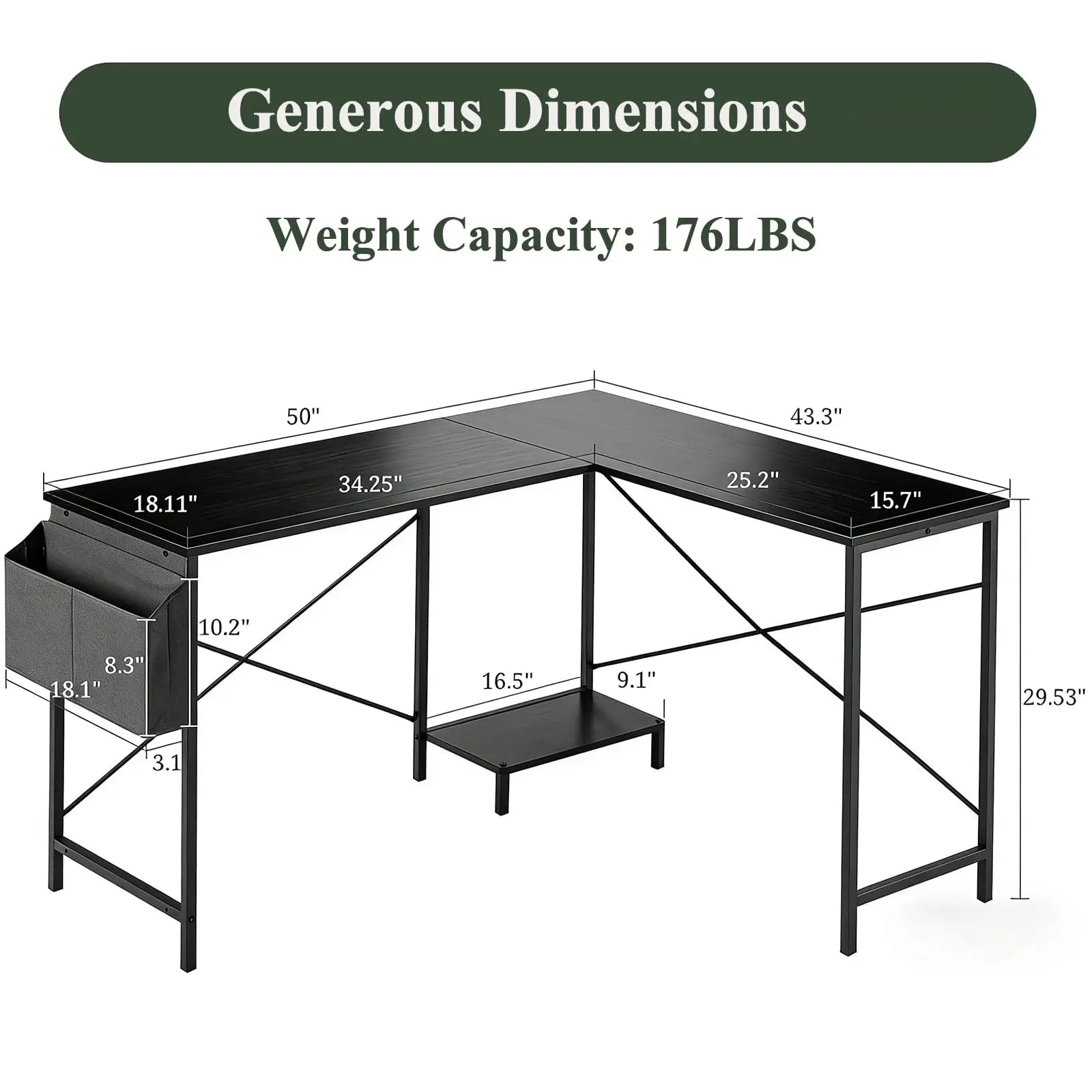 50" L Shaped Desk Reversible  Office Gaming Workstation