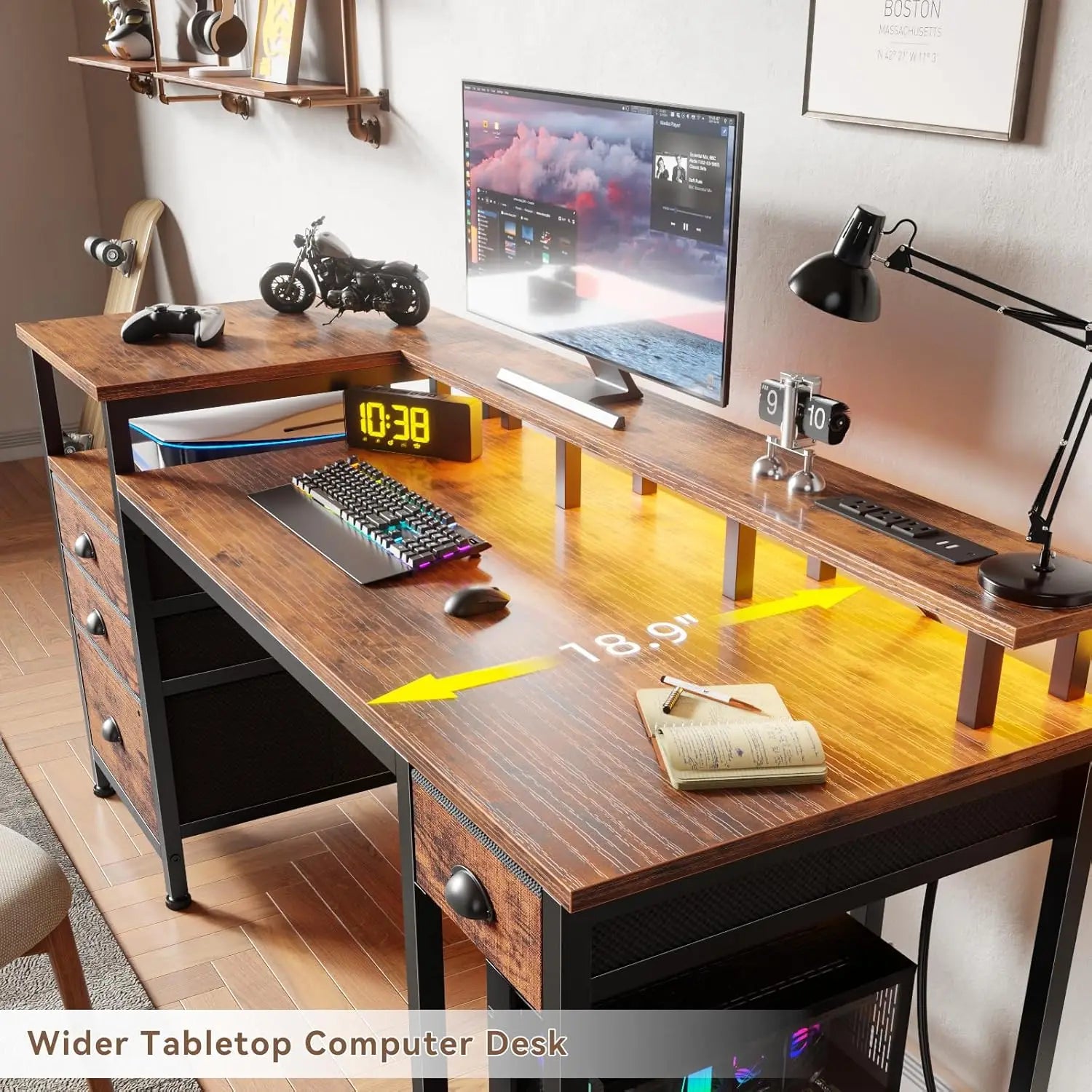 60" Computer Desk with File Cabinet LED Lights,