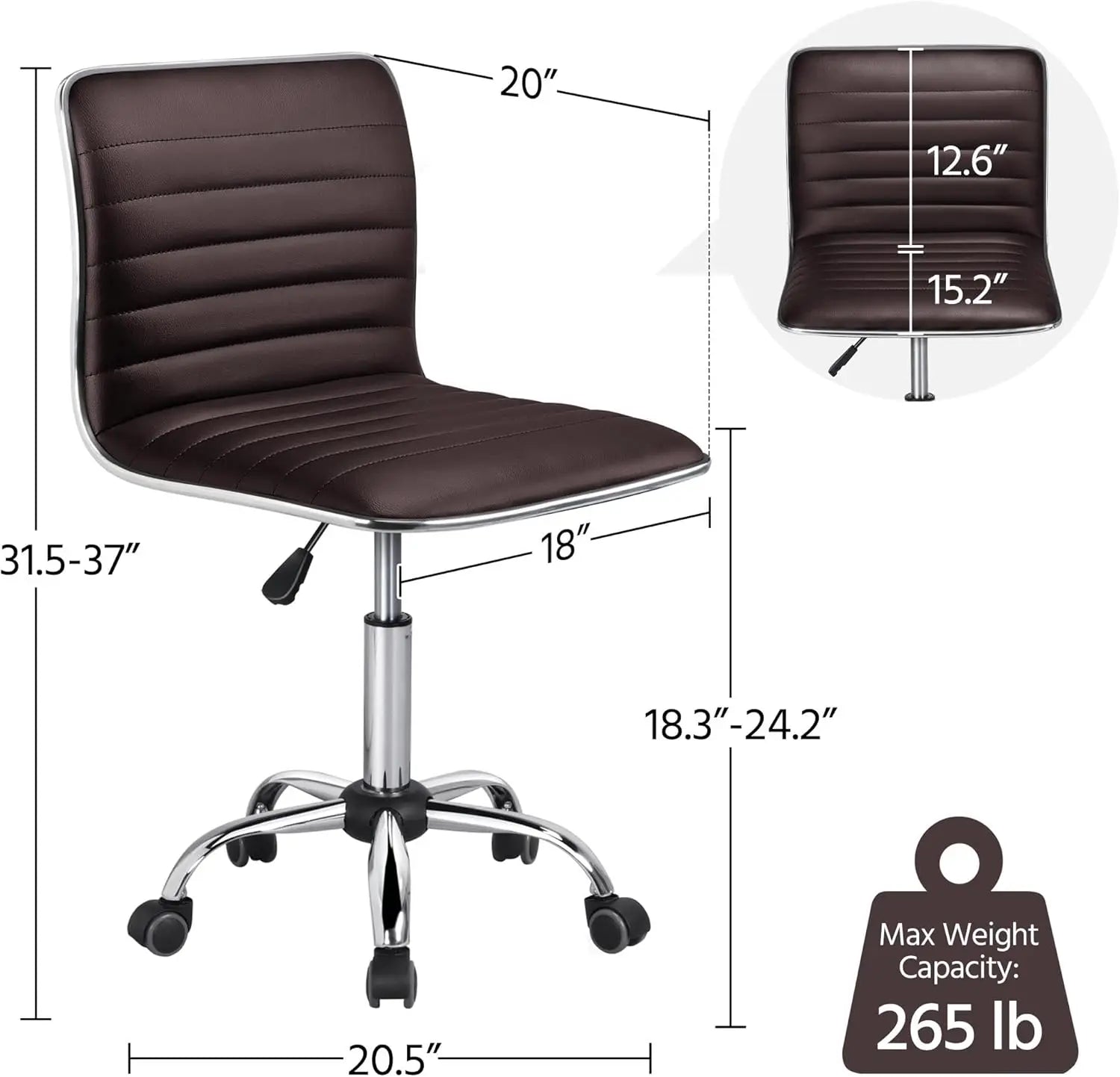 Leather Ribbed Armless Office Chair Adjustable