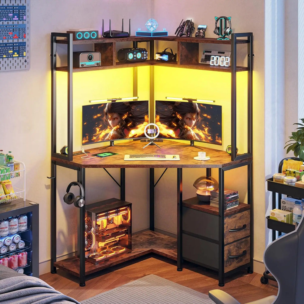 Corner Office Desk  Computer Desk with Hutch & LED Lights