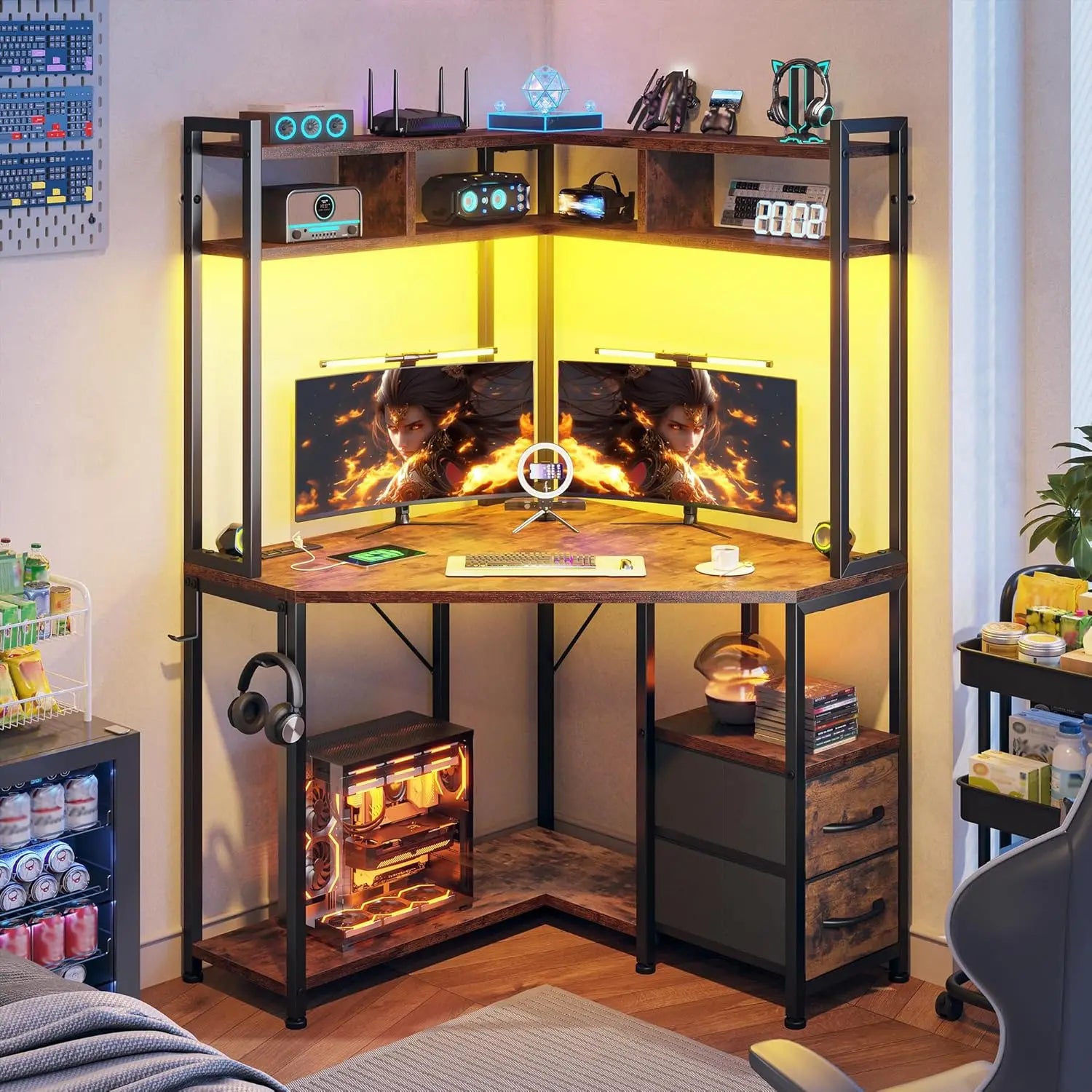 Corner Office Desk  Computer Desk with Hutch & LED Lights