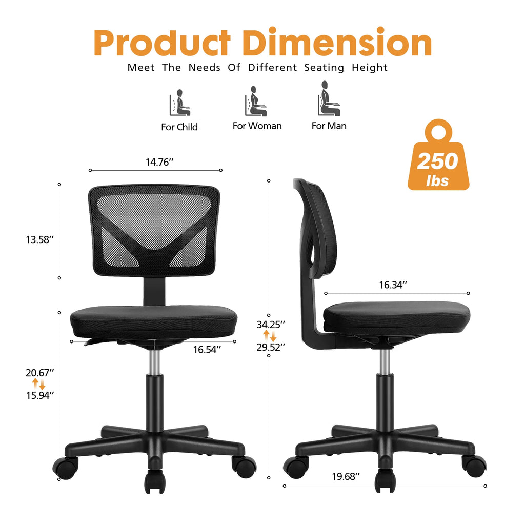 Armless Office Chair  with Adjustable Height  Rolling Swivel Chair