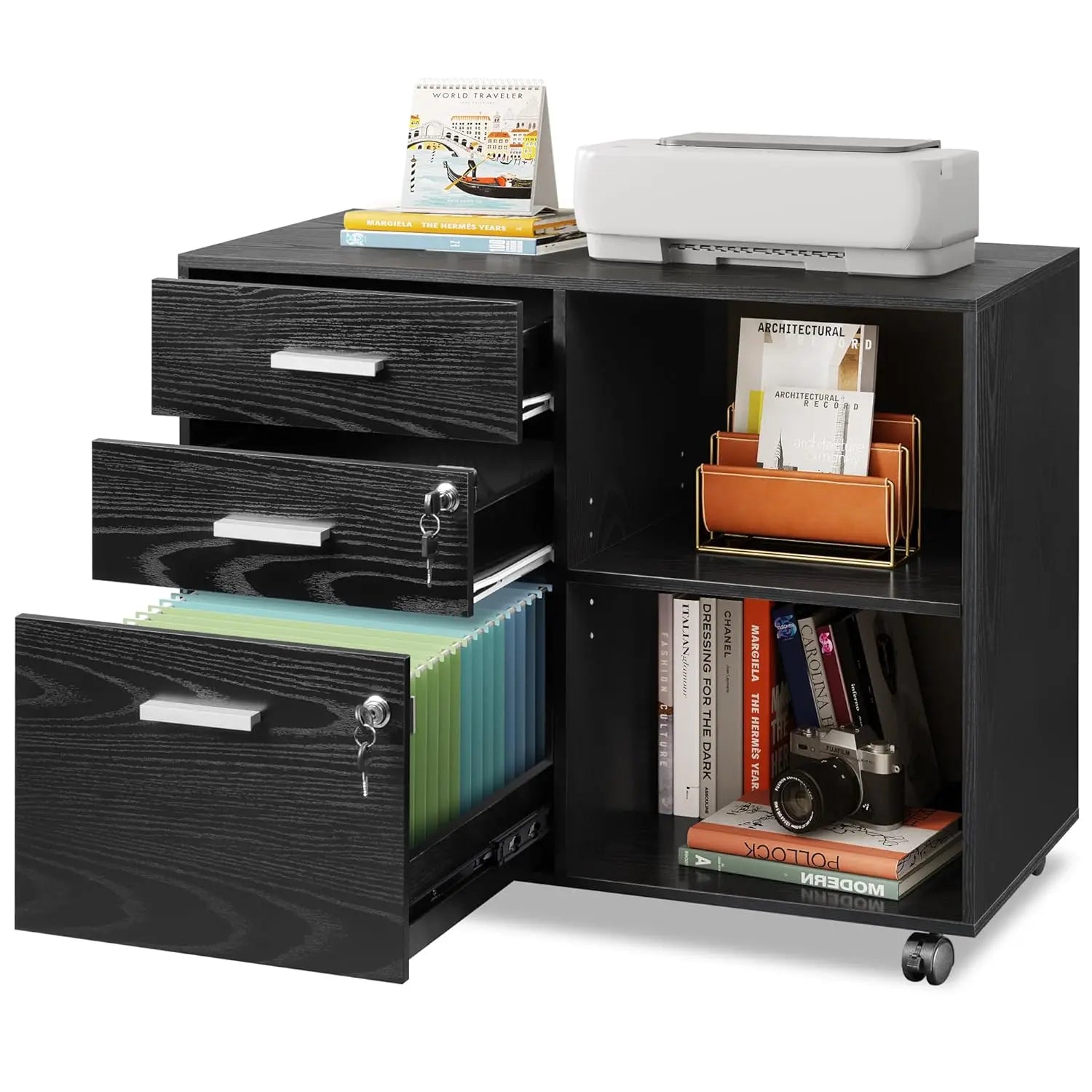 3-Drawer Wood File Cabinet with , Printer Stand  Open Storage Shelves
