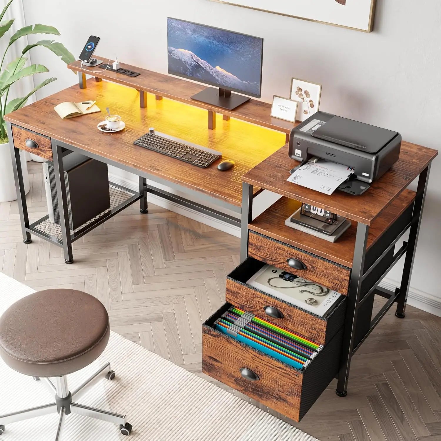 60" Computer Desk with File Cabinet LED Lights,