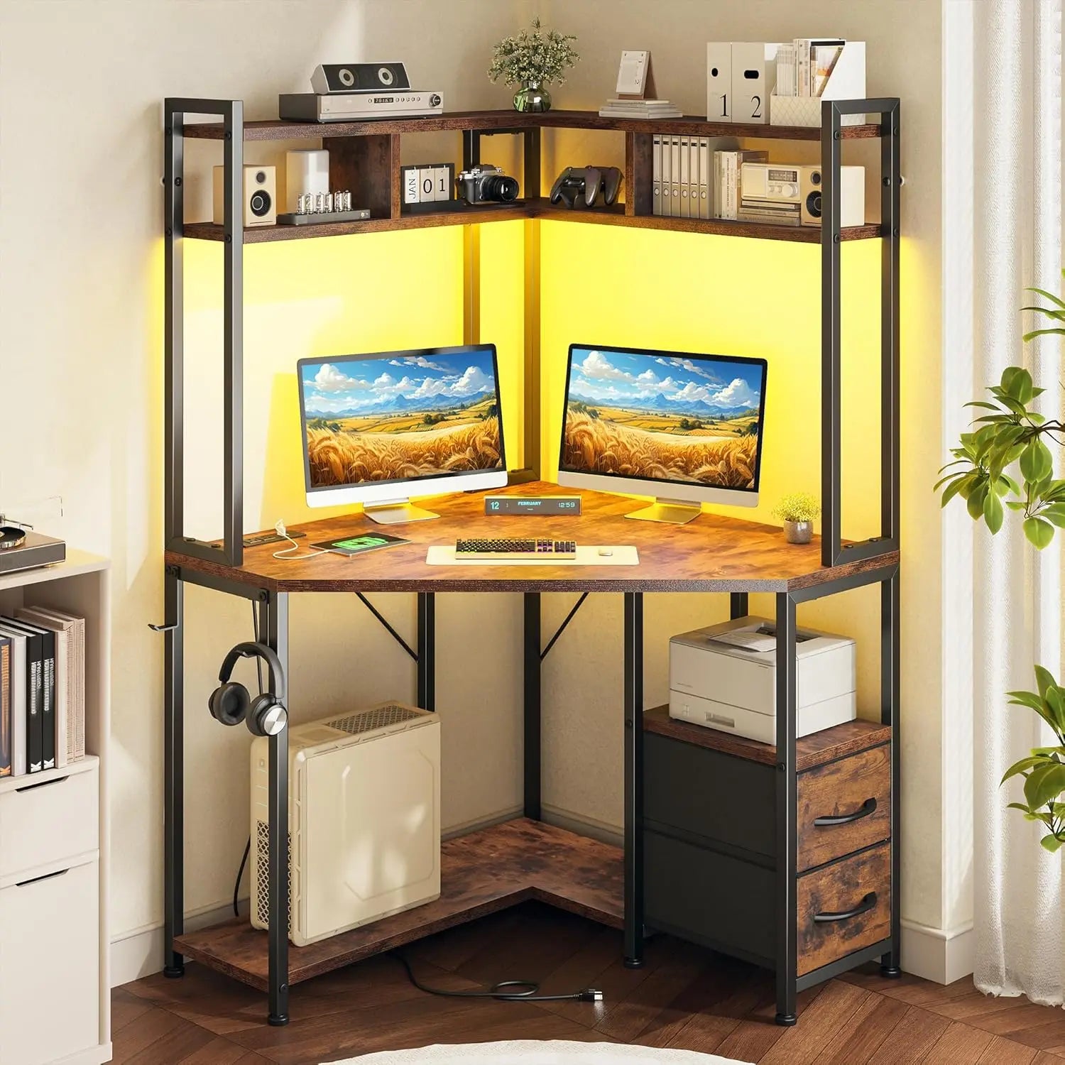 Corner Office Desk  Computer Desk with Hutch & LED Lights