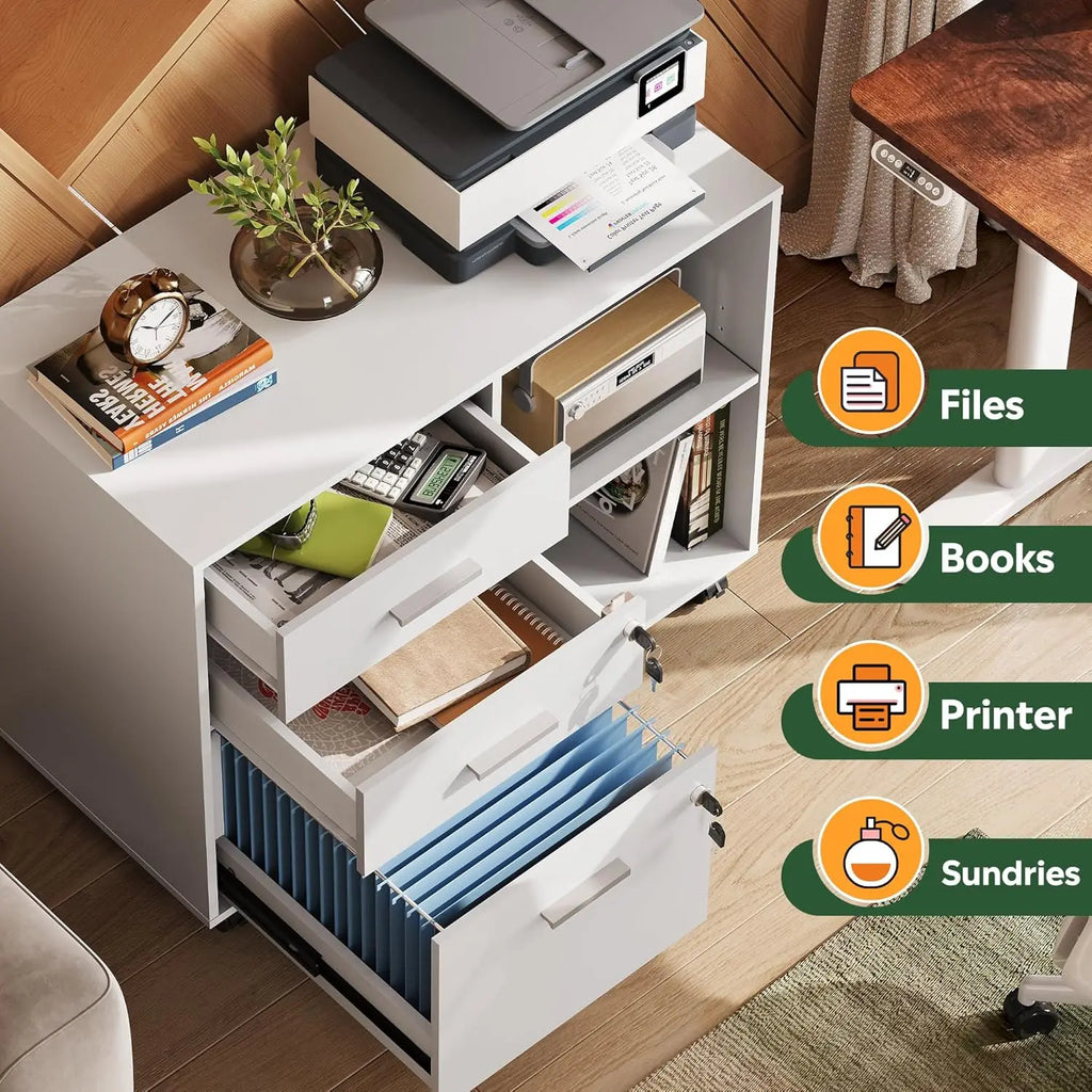 3-Drawer Wood File Cabinet with , Printer Stand  Open Storage Shelves