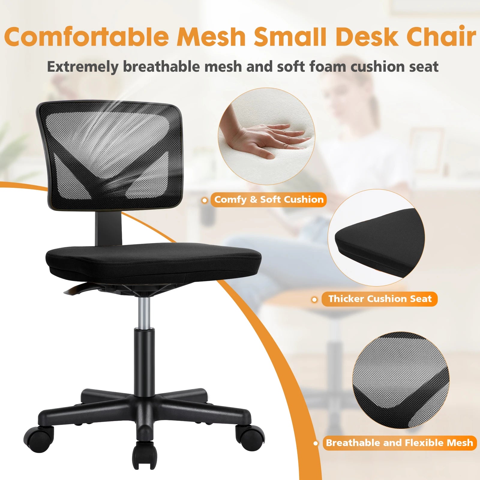 Armless Office Chair  with Adjustable Height  Rolling Swivel Chair