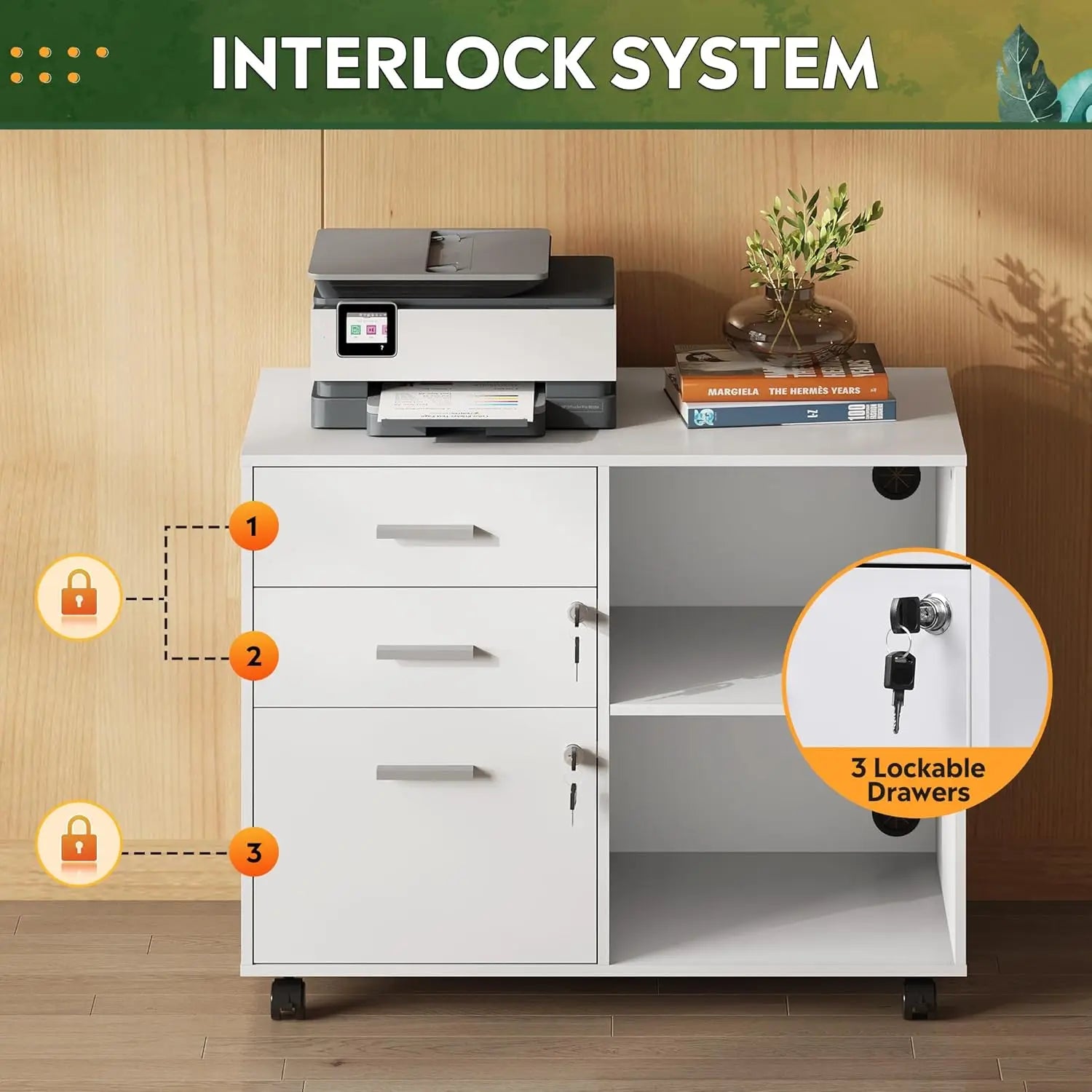 3-Drawer Wood File Cabinet with , Printer Stand  Open Storage Shelves