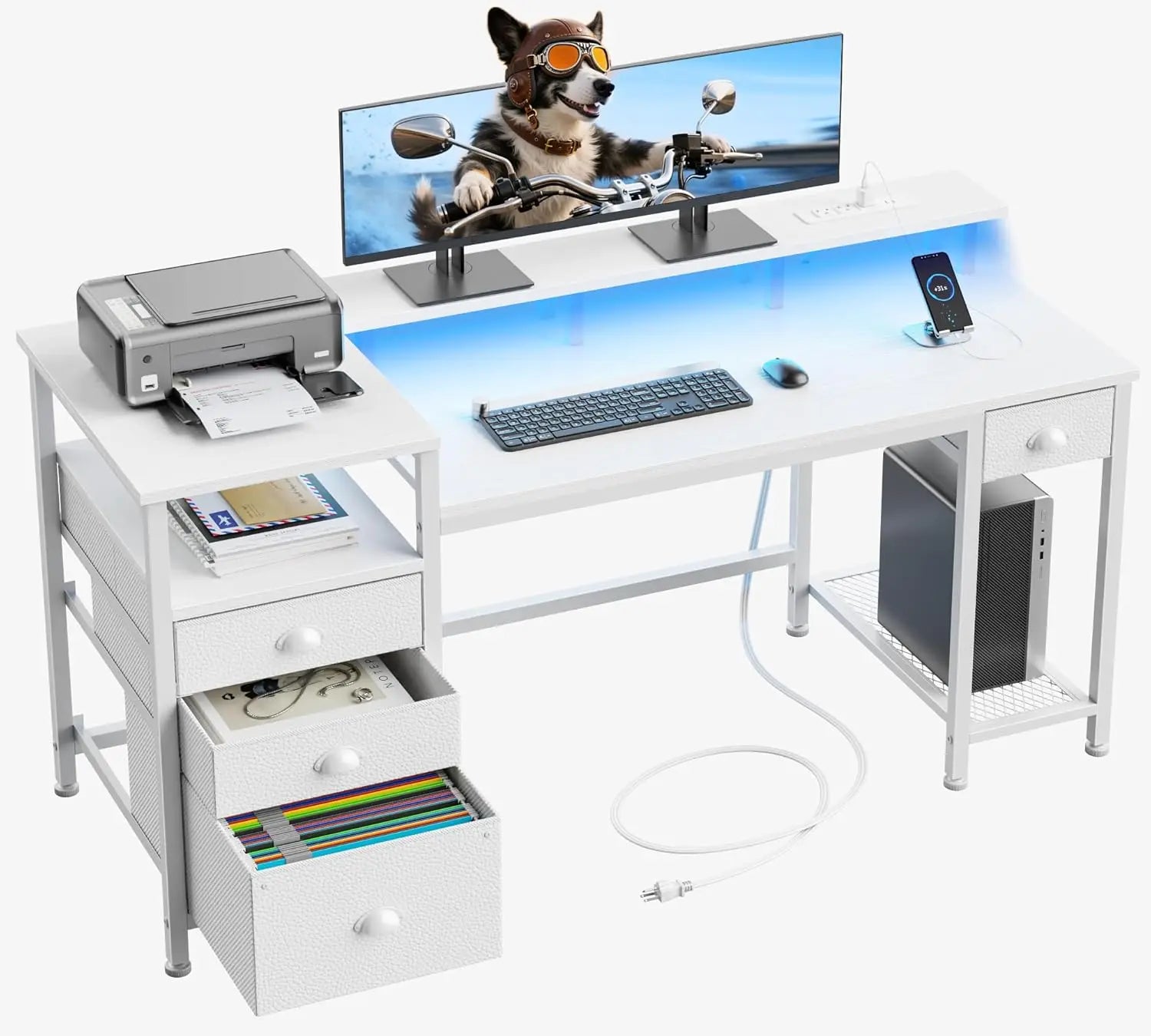 60" Computer Desk with File Cabinet LED Lights,