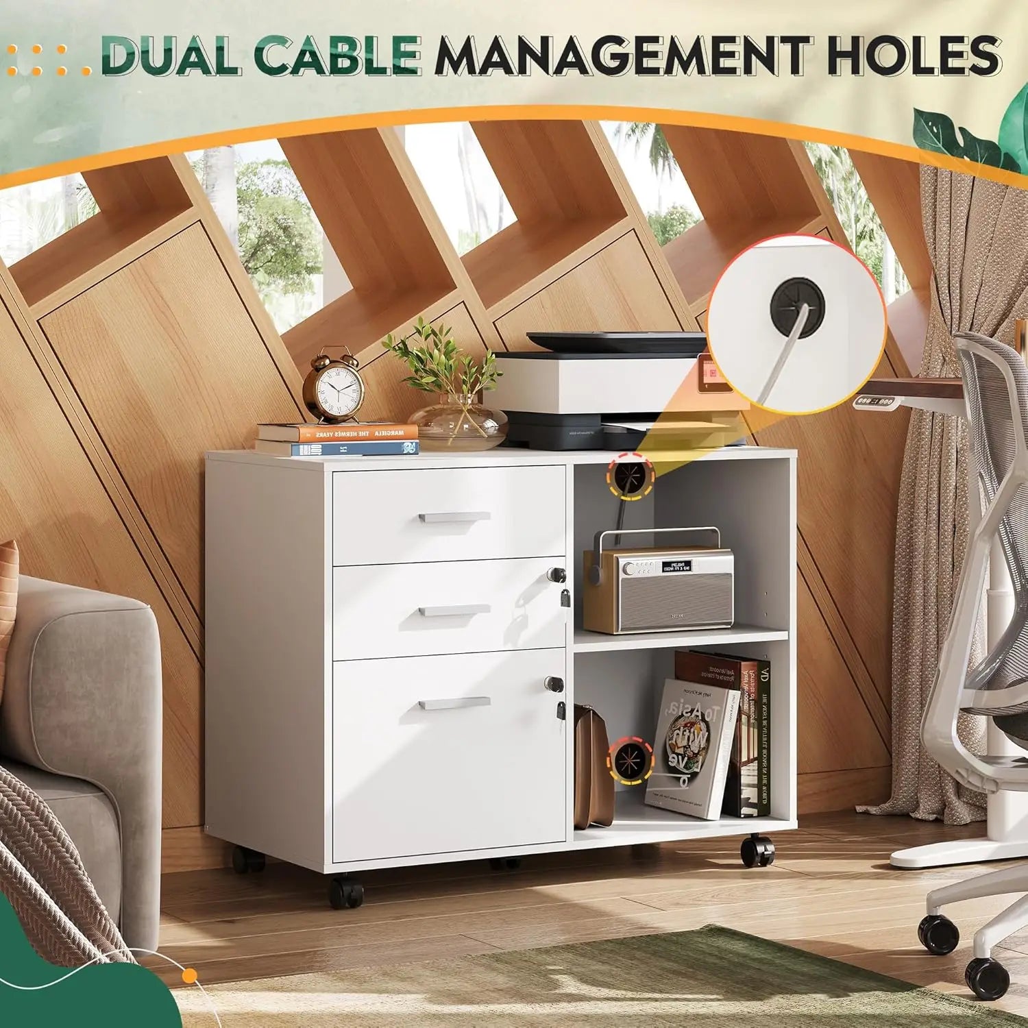 3-Drawer Wood File Cabinet with , Printer Stand  Open Storage Shelves