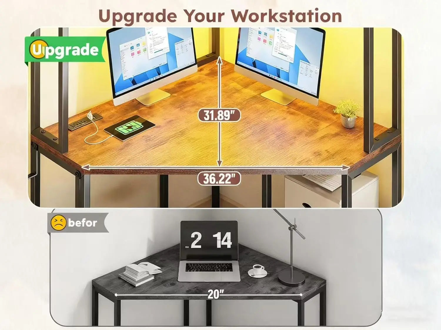 Corner Office Desk  Computer Desk with Hutch & LED Lights