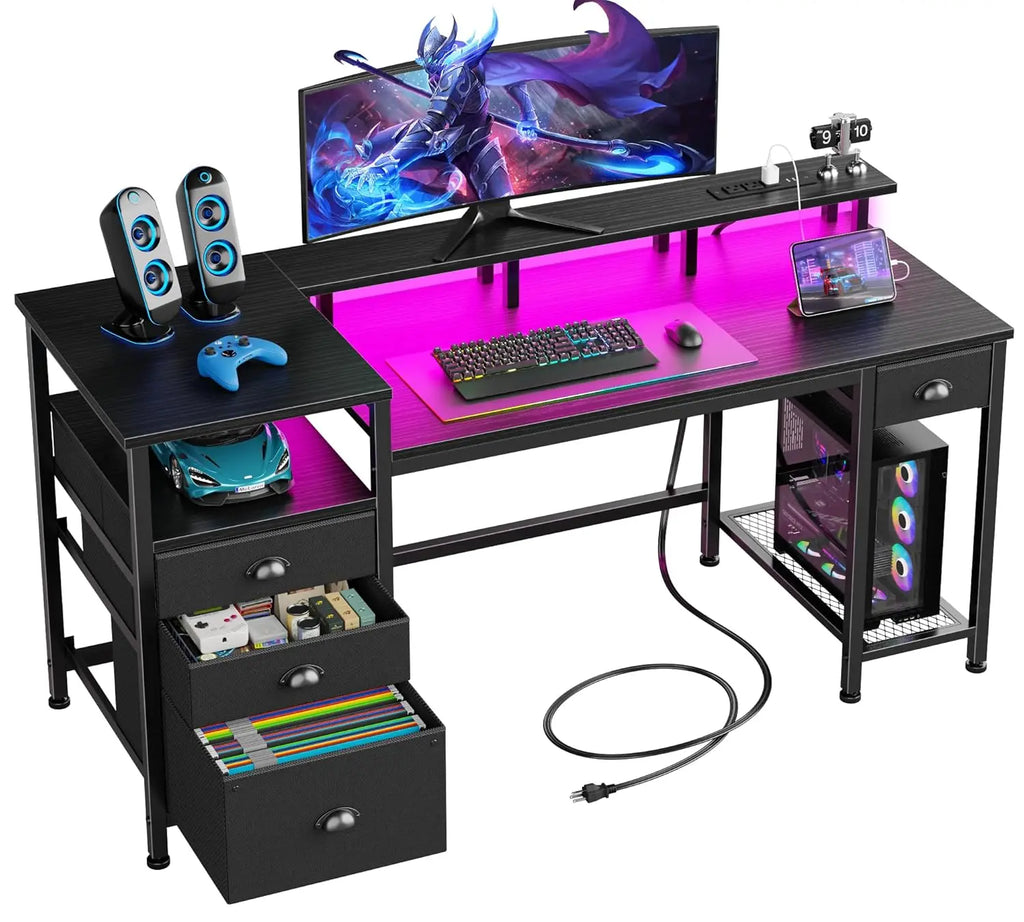60" Computer Desk with File Cabinet LED Lights,
