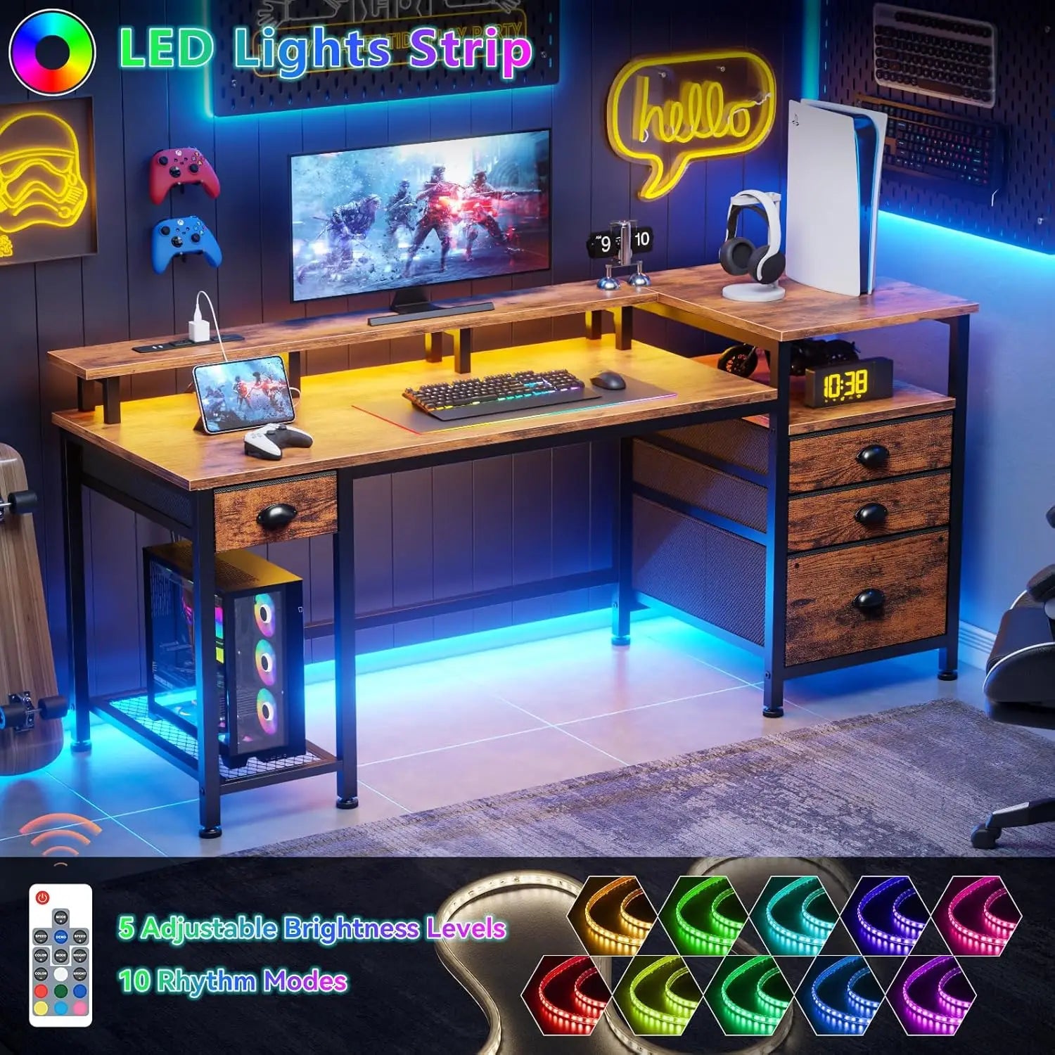 60" Computer Desk with File Cabinet LED Lights,