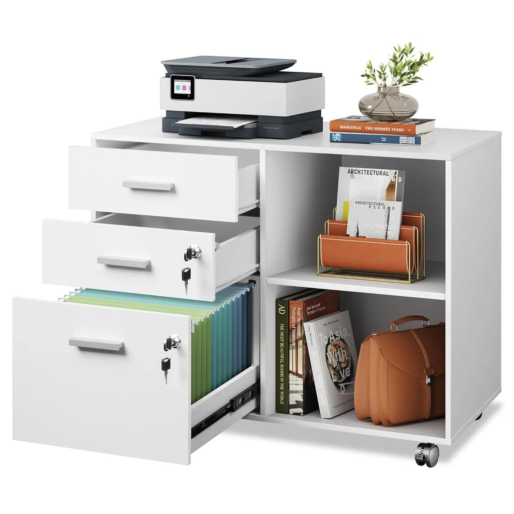 3-Drawer Wood File Cabinet with , Printer Stand  Open Storage Shelves