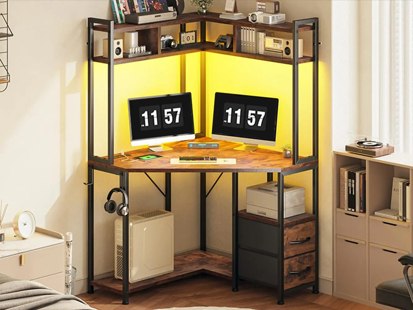 Corner Office Desk  Computer Desk with Hutch & LED Lights