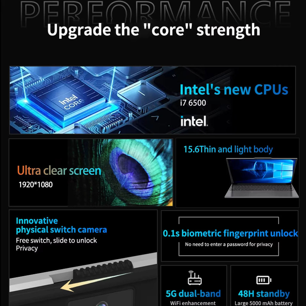 15.6" Ultra Slim Intel Core Computer Notebook PC Fingerprint Unlock Gaming