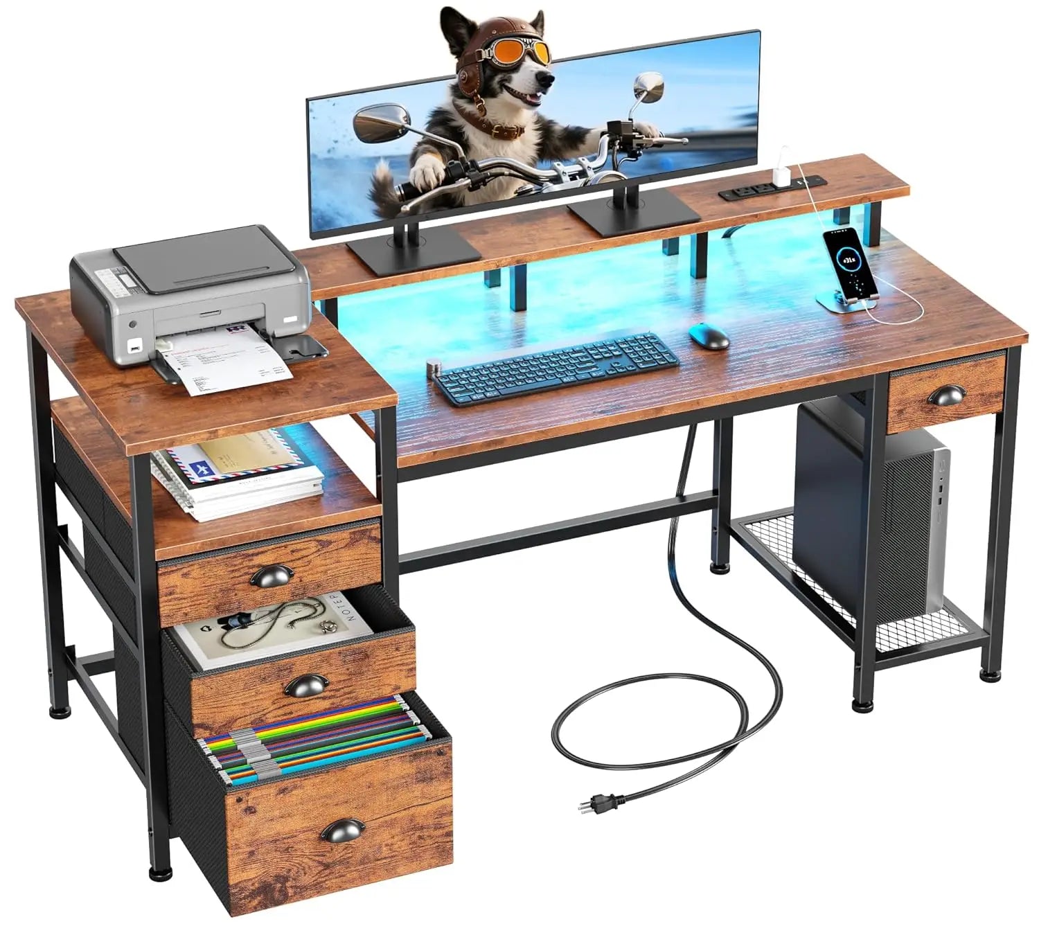 60" Computer Desk with File Cabinet LED Lights,