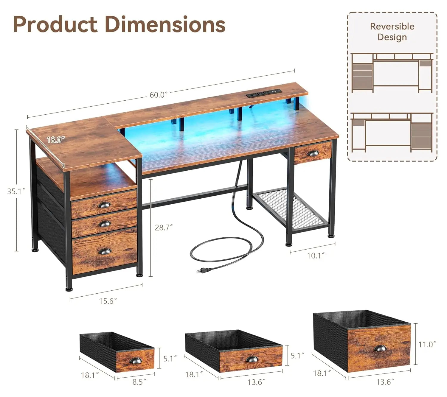 60" Computer Desk with File Cabinet LED Lights,