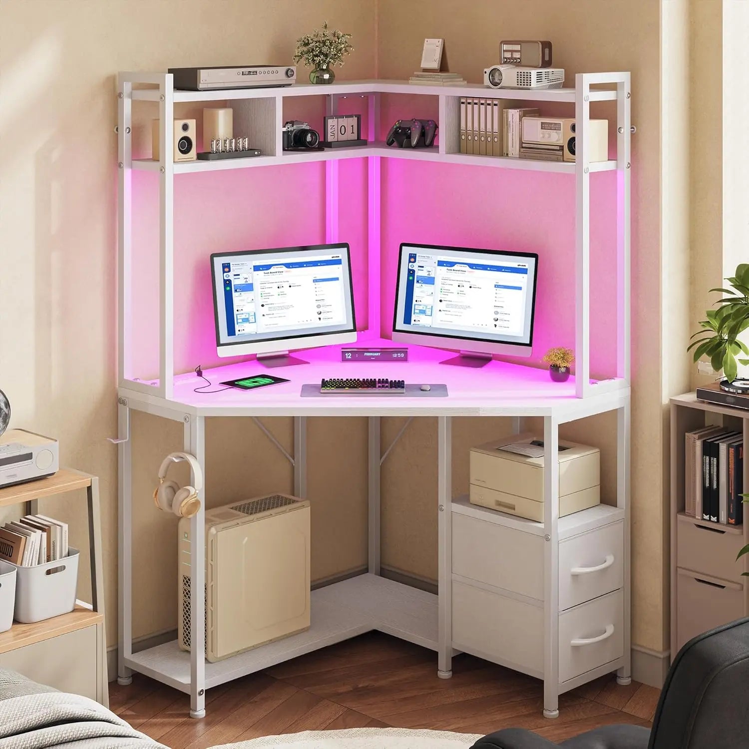 Corner Office Desk  Computer Desk with Hutch & LED Lights