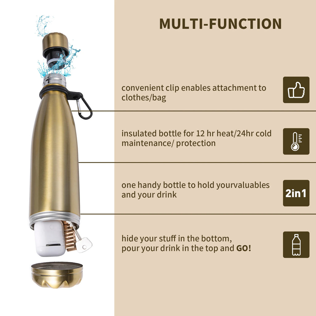 Water Bottle Stainless Steel Diversion Safe for Keys Cash and Valuables