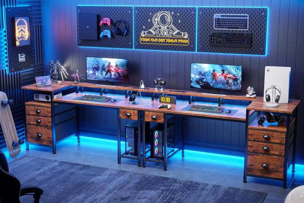 60" Computer Desk with File Cabinet LED Lights,