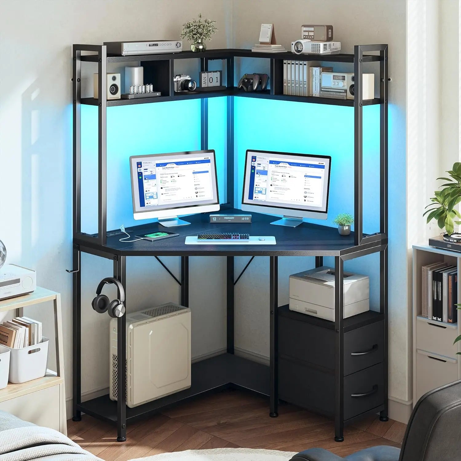 Corner Office Desk  Computer Desk with Hutch & LED Lights