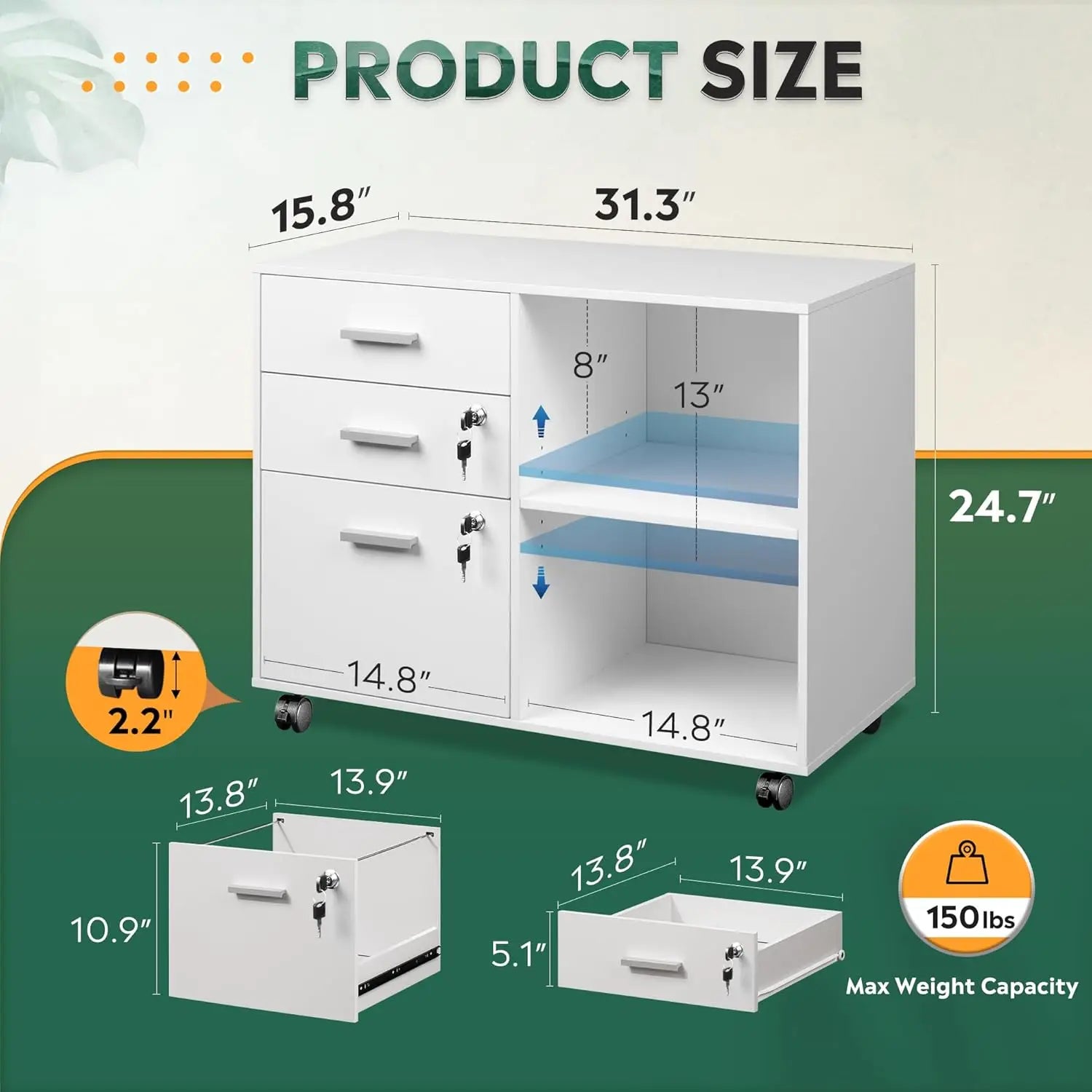 3-Drawer Wood File Cabinet with , Printer Stand  Open Storage Shelves