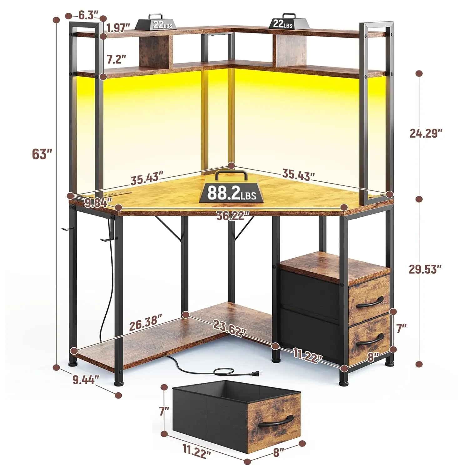 Corner Office Desk  Computer Desk with Hutch & LED Lights
