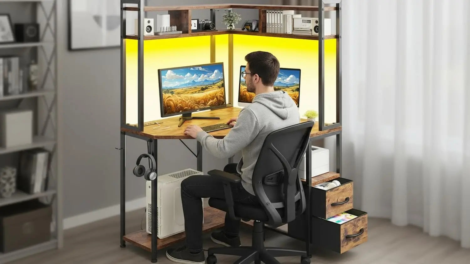Corner Office Desk  Computer Desk with Hutch & LED Lights