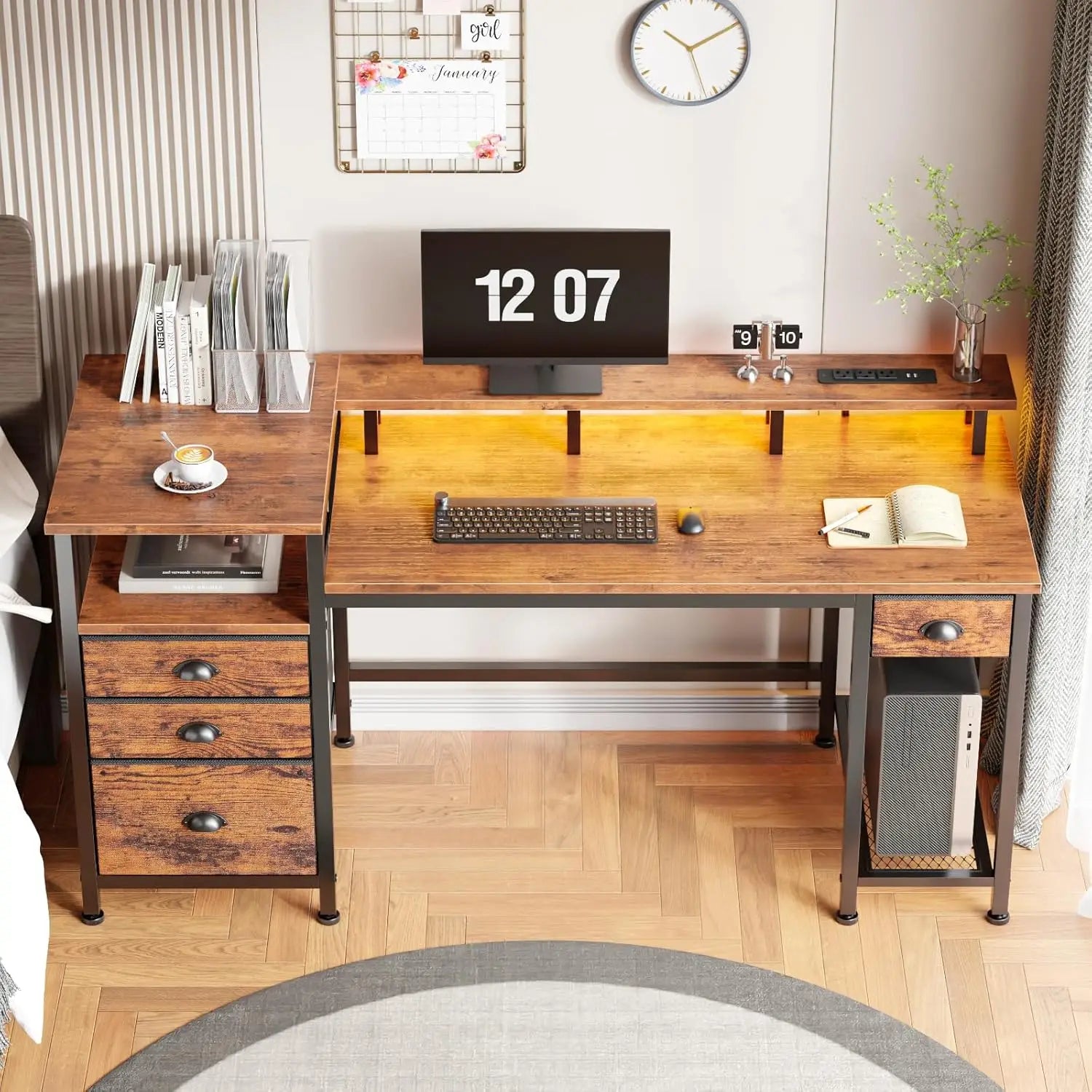 60" Computer Desk with File Cabinet LED Lights,