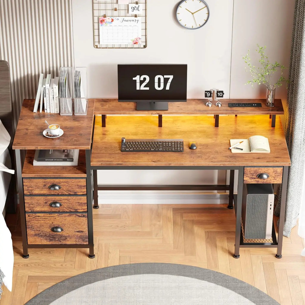 60" Computer Desk with File Cabinet LED Lights,