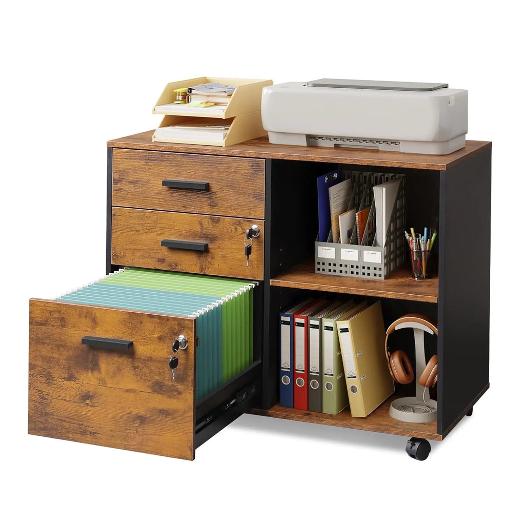 3-Drawer Wood File Cabinet with , Printer Stand  Open Storage Shelves