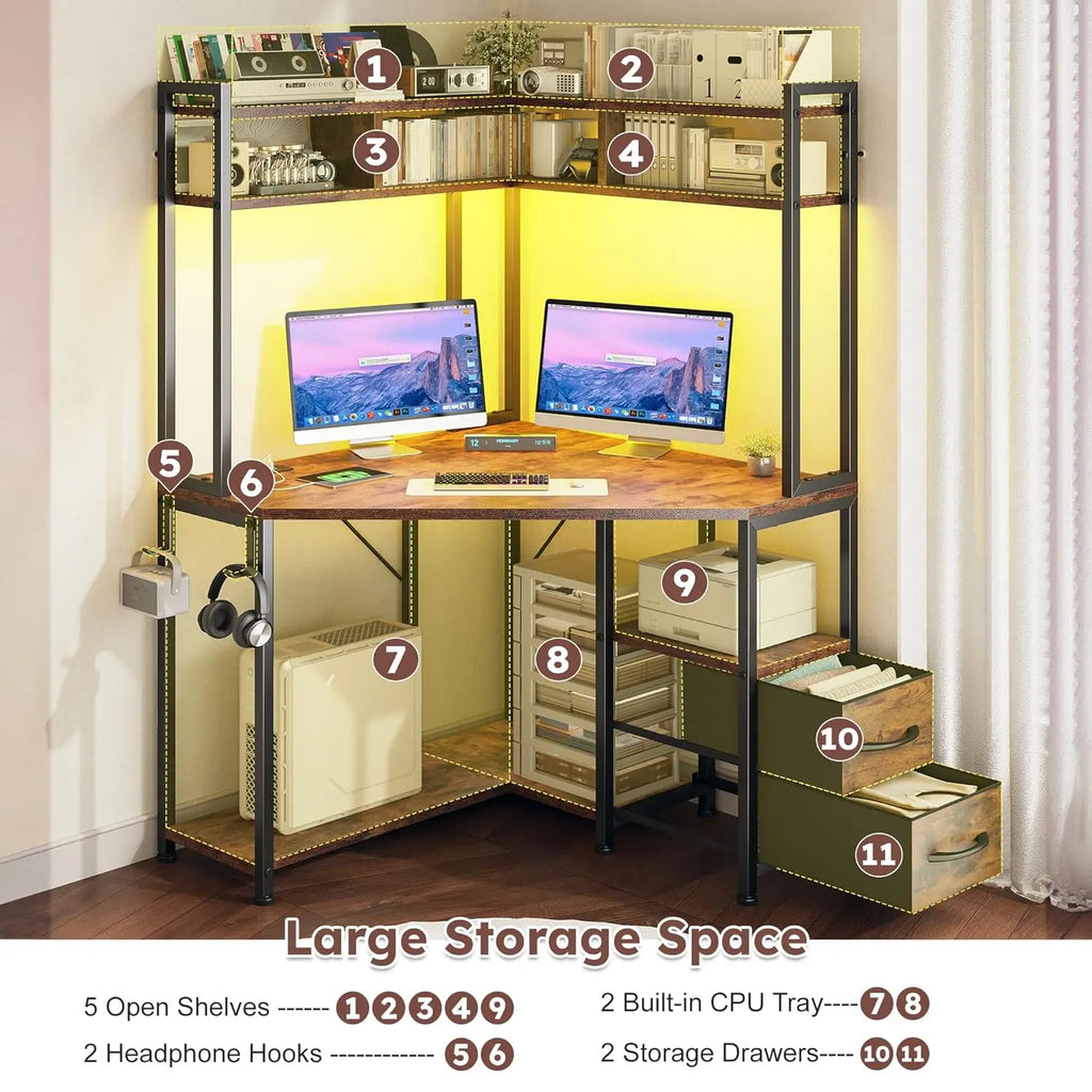 Corner Office Desk  Computer Desk with Hutch & LED Lights