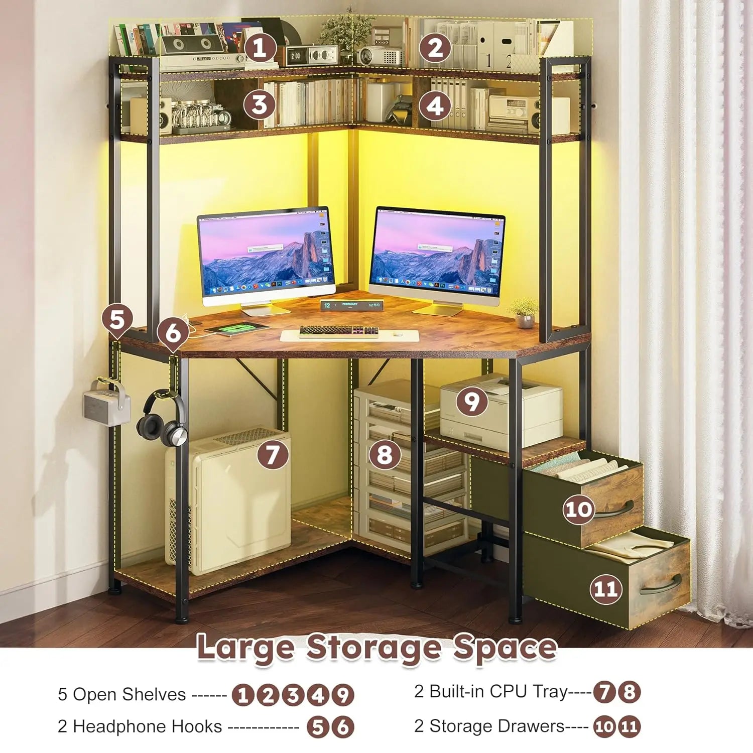 Corner Office Desk  Computer Desk with Hutch & LED Lights